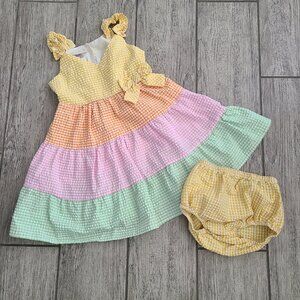 Bonnie Baby gingham tiered dress bloomer set pastel multicolor size 24M
